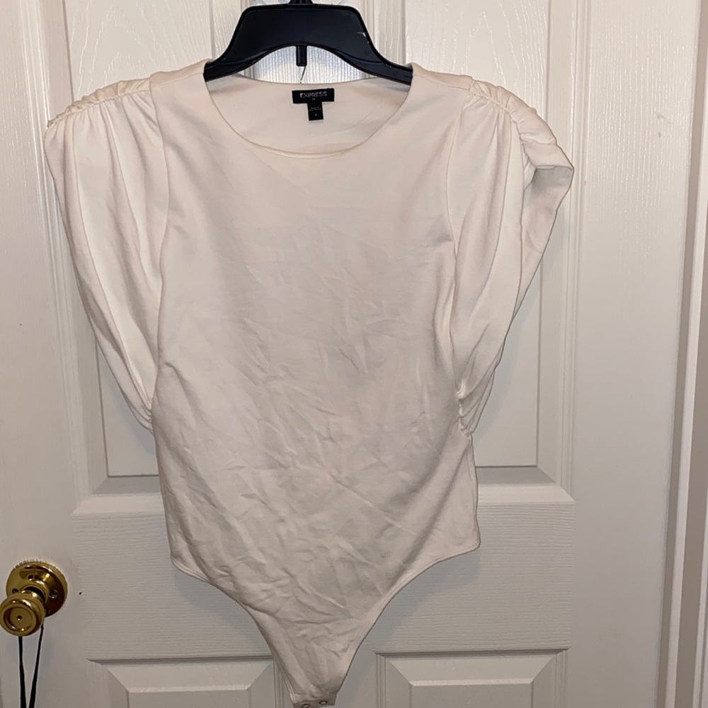 “Express” cream, shoulder padded bodysuit; size small; worn once for pictures